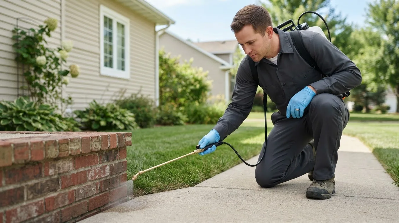 Pest control technician treating a home near Glenville, MN