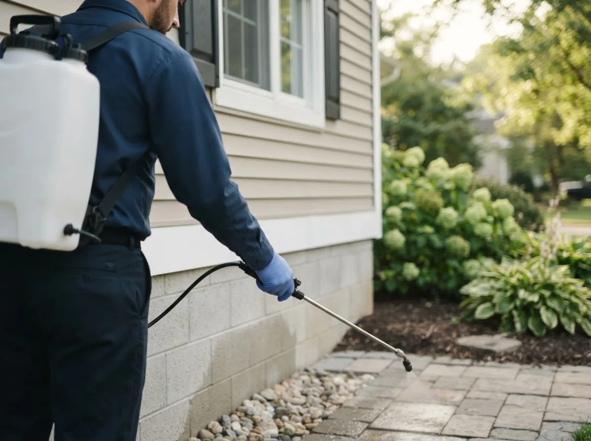 Pest control technician inspecting a home in Glenville, MN